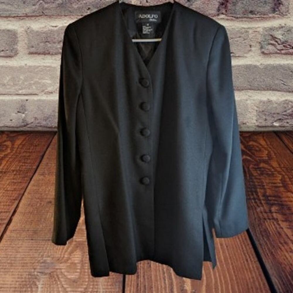 Adolfo Atelier 10 vintage black long sleeve poly/rayon button down front jacket